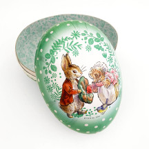 6" Benjamin Bunny Green Polka Dot Peter Rabbit Papier Mache Easter Egg Container ~ Germany